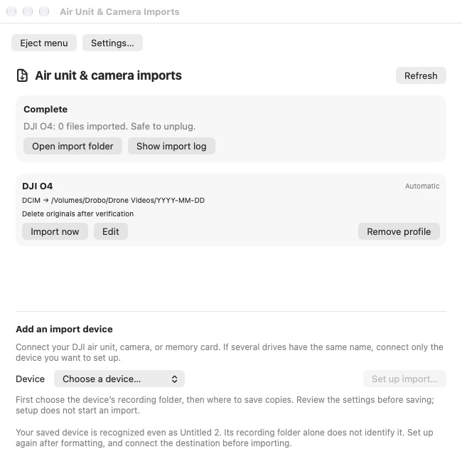 An earlier Easy Eject import window showing a DJI O4 profile