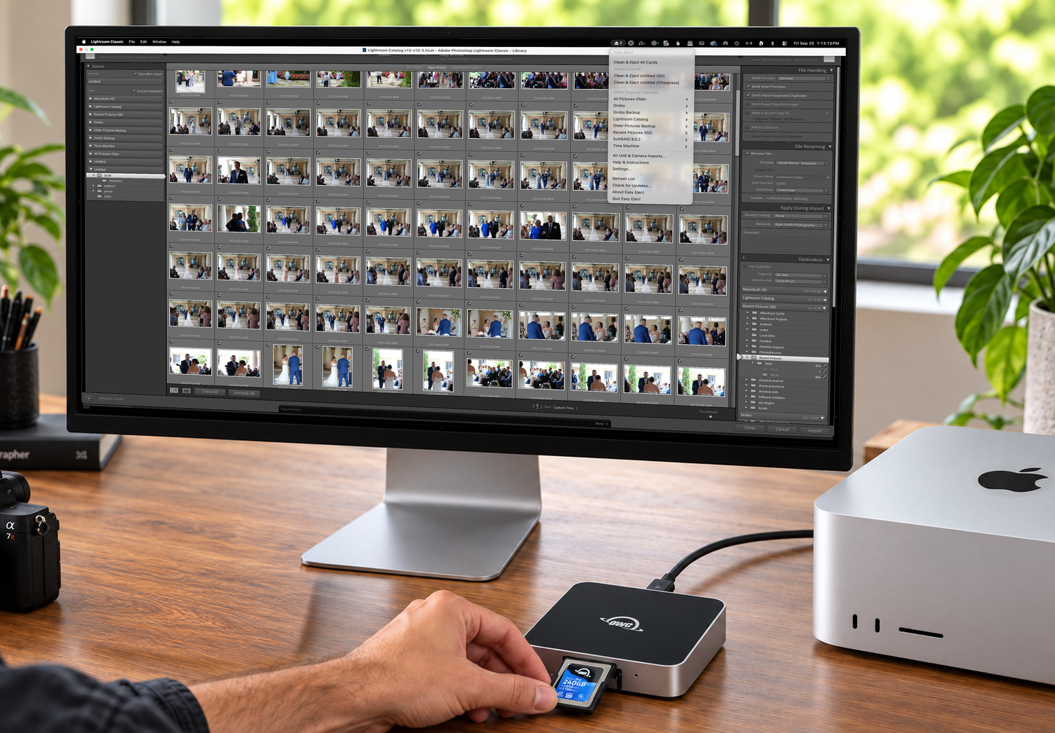Easy Eject open over Lightroom on a photographer’s display, with an OWC CFexpress reader and Mac Studio