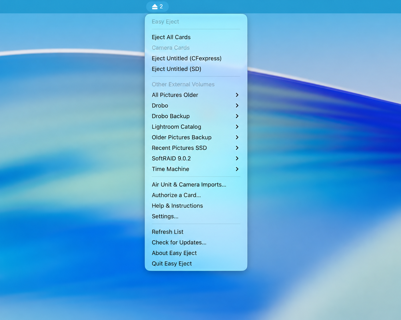 Easy Eject menu showing camera cards and other external volumes